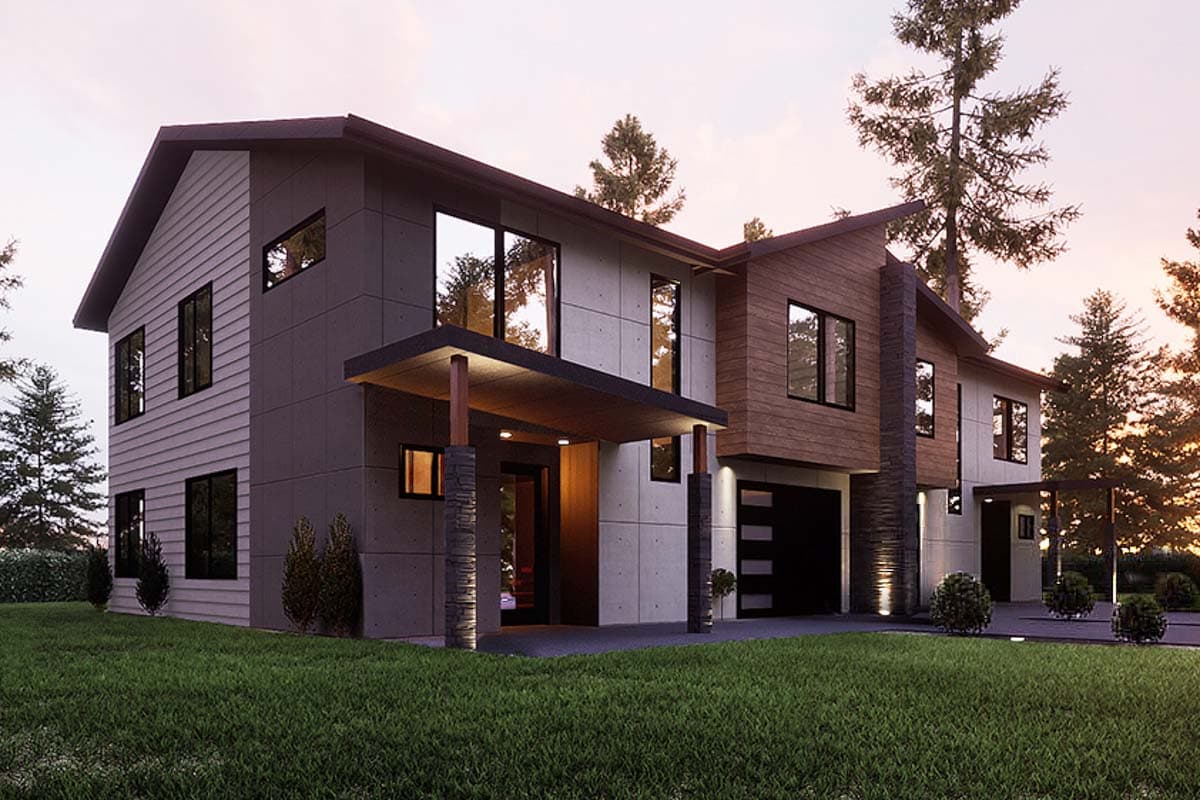 Two-story modern house plan exterior with layered siding, wood accents, cantilevered porch, and angled rooflines.