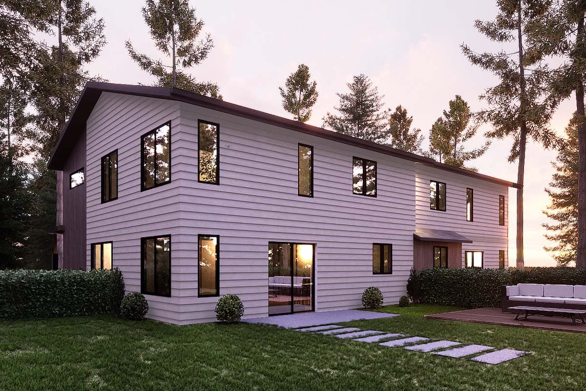 House plan exterior, modern style, two stories, lap siding, multiple rectangular windows, and gabled roof.