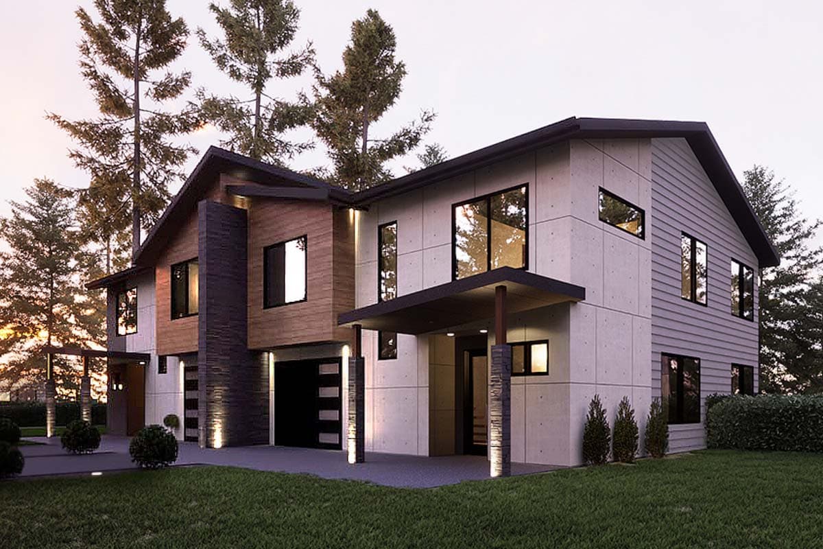 Modern two-story house plan exterior with concrete panels, wood siding, large windows, and a front-facing garage.