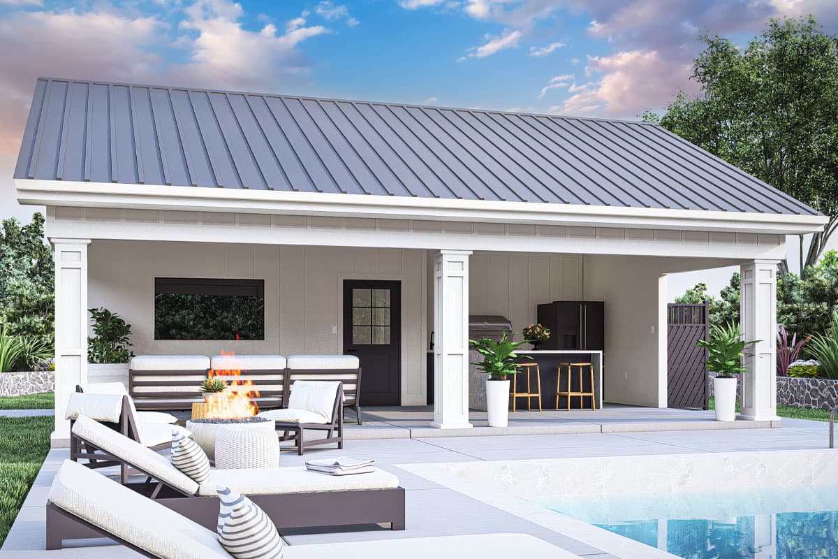 House plan exterior with gable roof, covered porch supported by columns, and an outdoor kitchen and seating area adjacent to a pool.