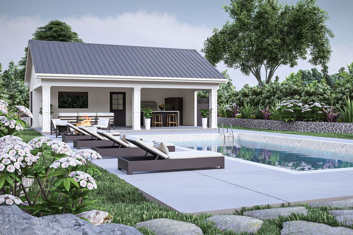 House plan exterior with covered porch, outdoor kitchen, and swimming pool. Modern Farmhouse style.