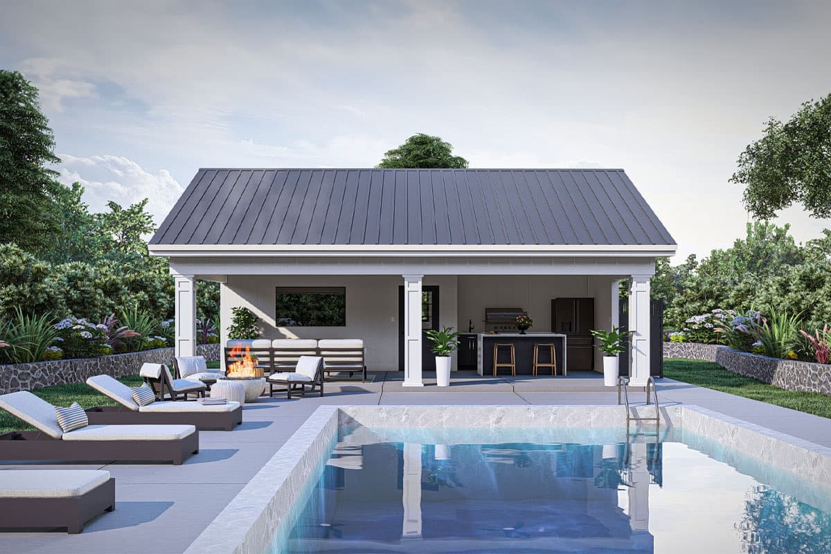 Plan 623364DJ: Modern Pool House with Large Covered Outdoor Living and Outdoor Shower - Image #4 - Coastal Contemporary, Colonial, Country, Modern Farmhouse, New American