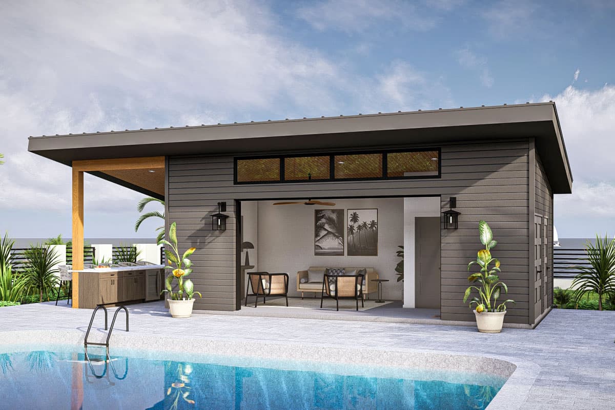 Modern house plan exterior with covered outdoor kitchen, clerestory windows, and sliding glass doors opening to a patio.