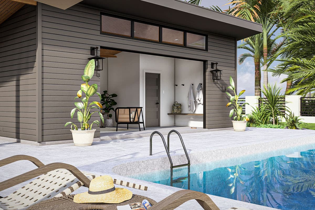 Plan 623366DJ: Contemporary Pool House with Outdoor Kitchen  - Image #4 - Contemporary, Modern