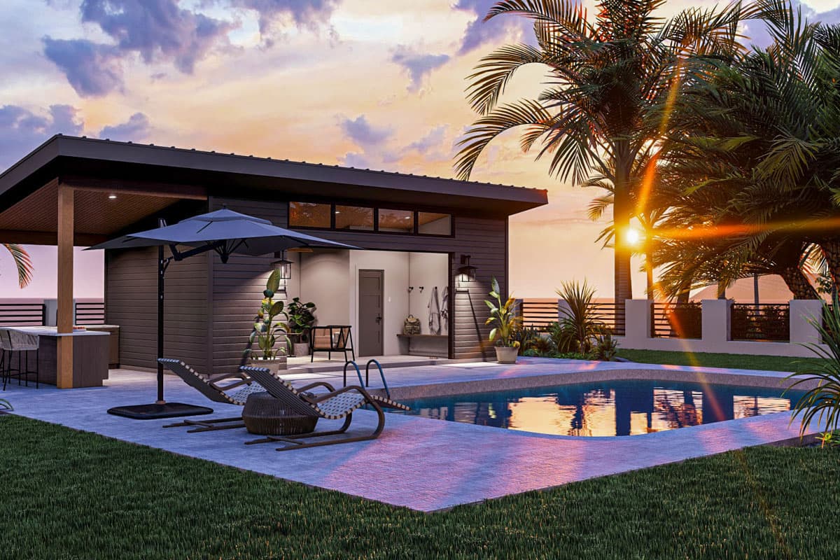 Modern single-story house plan exterior with horizontal siding, covered patio, and large windows adjacent to a pool.