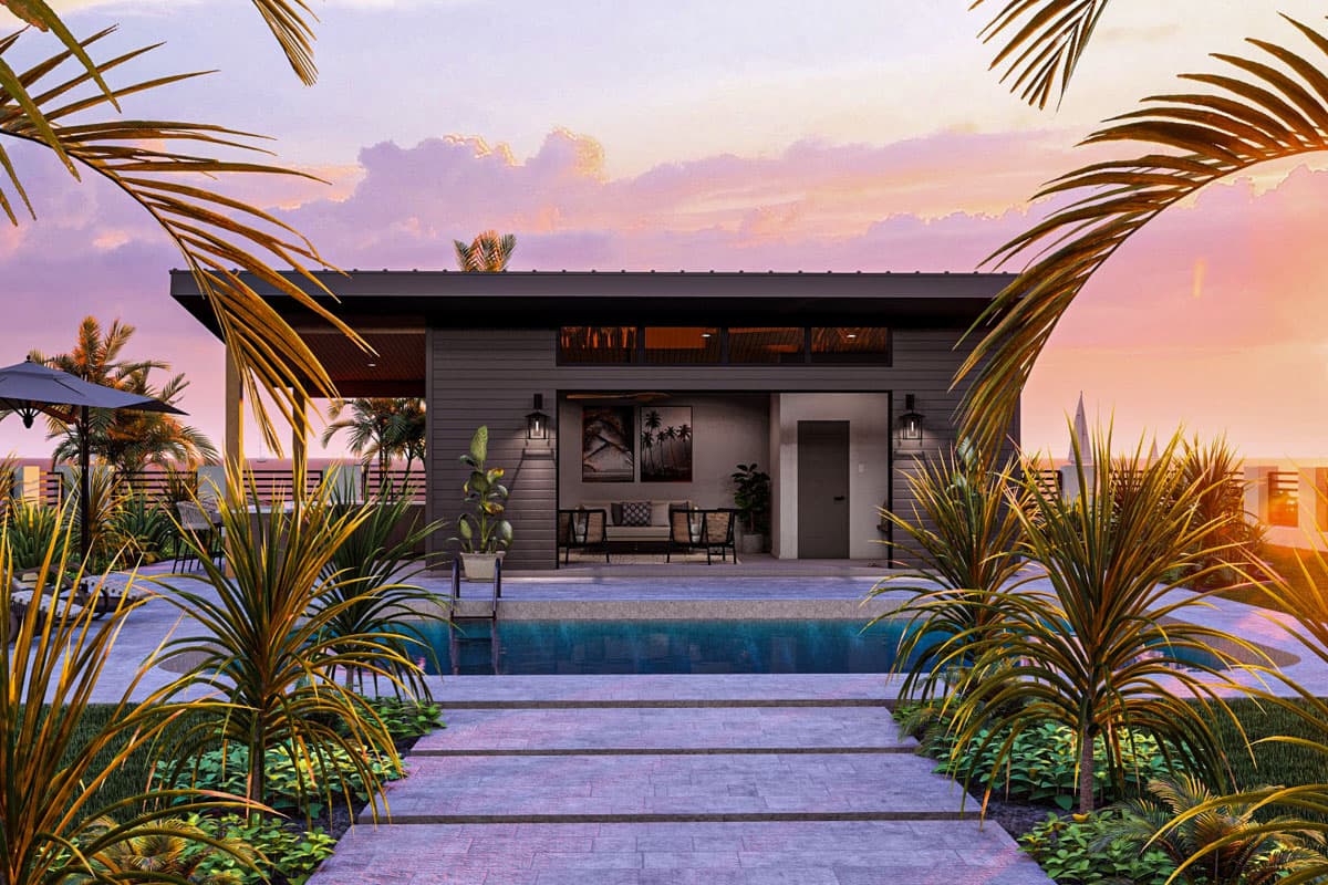 House plan exterior. Modern style with a single story. Features include an outdoor living area, flat roof, and a swimming pool.