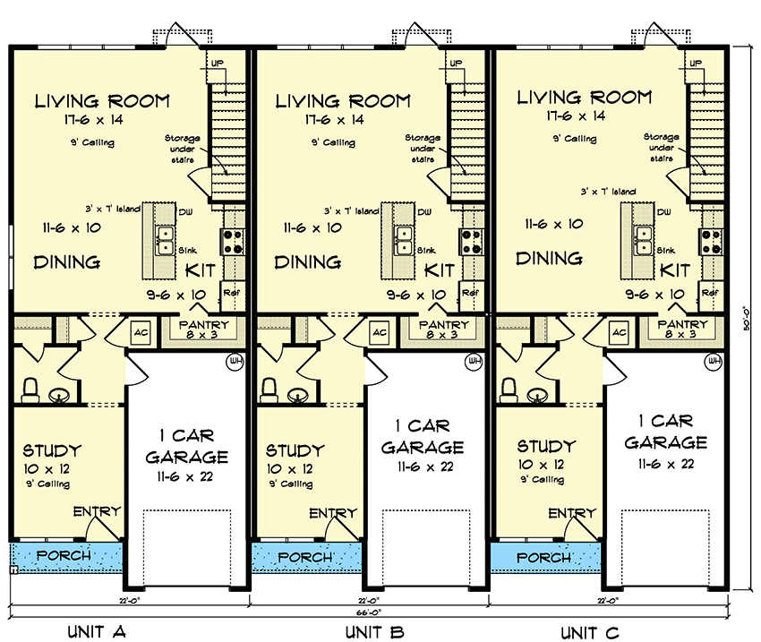 Plan 52354WM: Two-Story Traditional Triplex House Plan with 3 Bed Units - 1853 Sq Ft Each - Floor Plan - Main Level - Cottage, Country, Traditional
