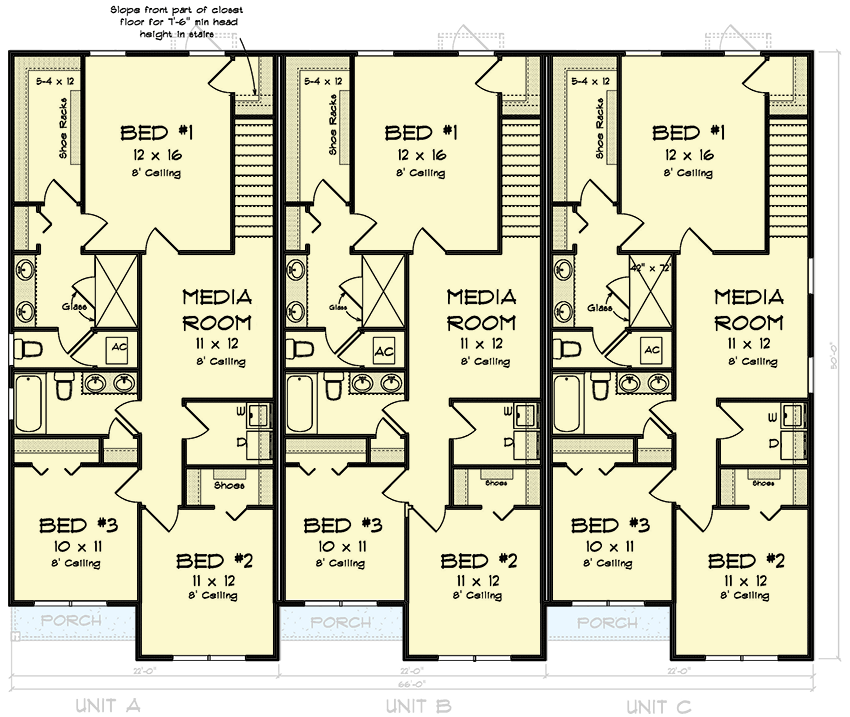 Plan 52354WM: Two-Story Traditional Triplex House Plan with 3 Bed Units - 1853 Sq Ft Each - Floor Plan - 2nd Floor - Cottage, Country, Traditional