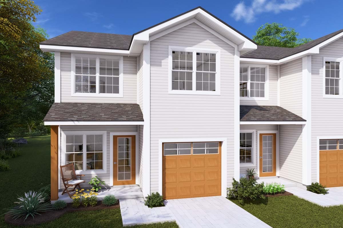 House plan exterior: two-story modern townhouse with attached garage, front porch, and multiple windows.