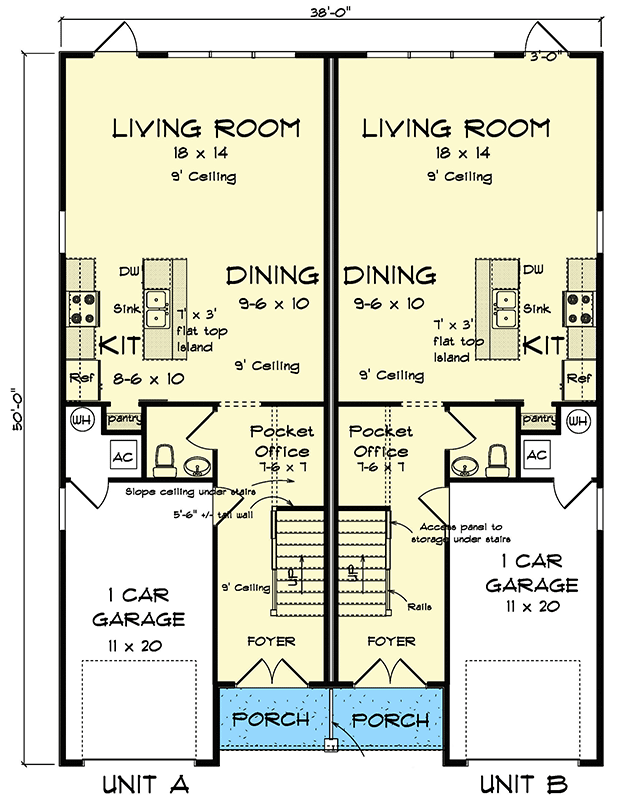 Plan 52355WM: Traditional Duplex House Plan with 3 Bed Units - 1567 Sq Ft Each - Floor Plan - Main Level - Country, Traditional