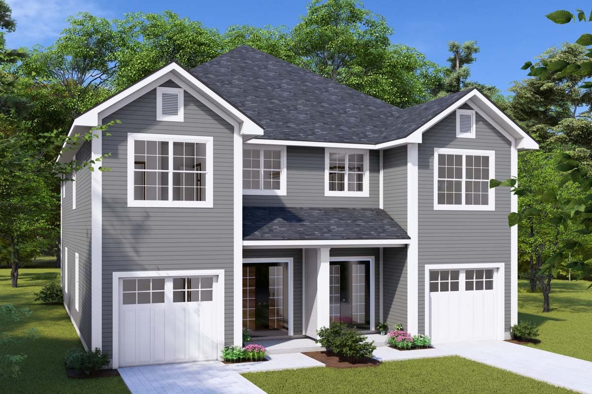 House plan exterior. Two-story with gabled roof, two-car garage, and multiple window dormers.