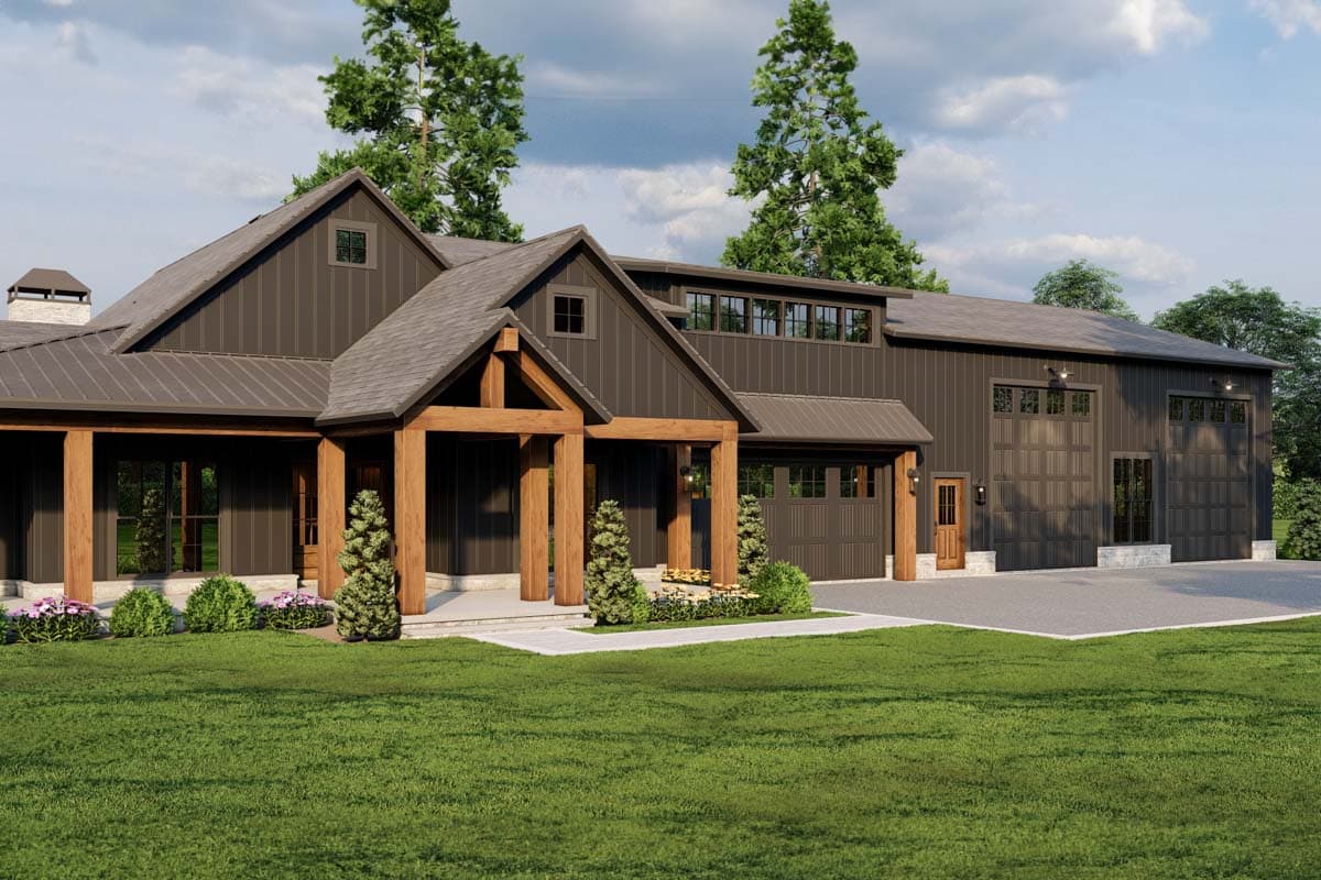 Modern Farmhouse house plan exterior with metal roof, wood beams, gables, and a three-car garage.