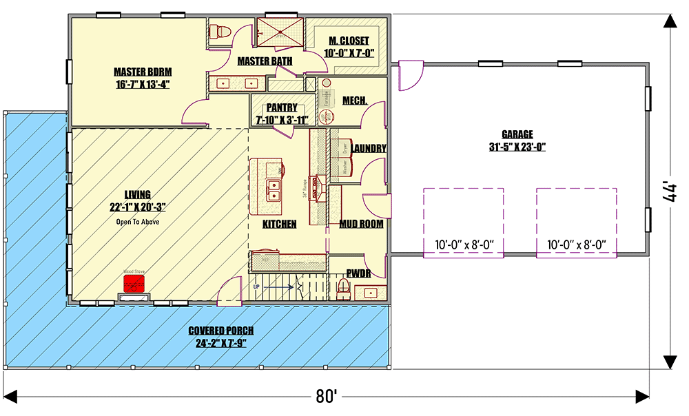 Plan 400023FTY: 2-Story Barndominium-Style Home Plan with Master on 1st Floor and Loft - 2310 Sq Ft - Floor Plan - Main Level - Barndominium, Country, Modern Farmhouse, New American