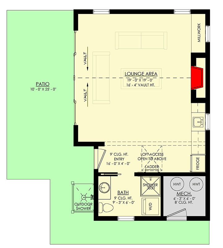 Plan 270100AF: Two-Story Pool House with Loft Above - 587 Sq Ft - Floor Plan - Main Level - Colonial, Country, Craftsman, Modern Farmhouse, New American, Traditional
