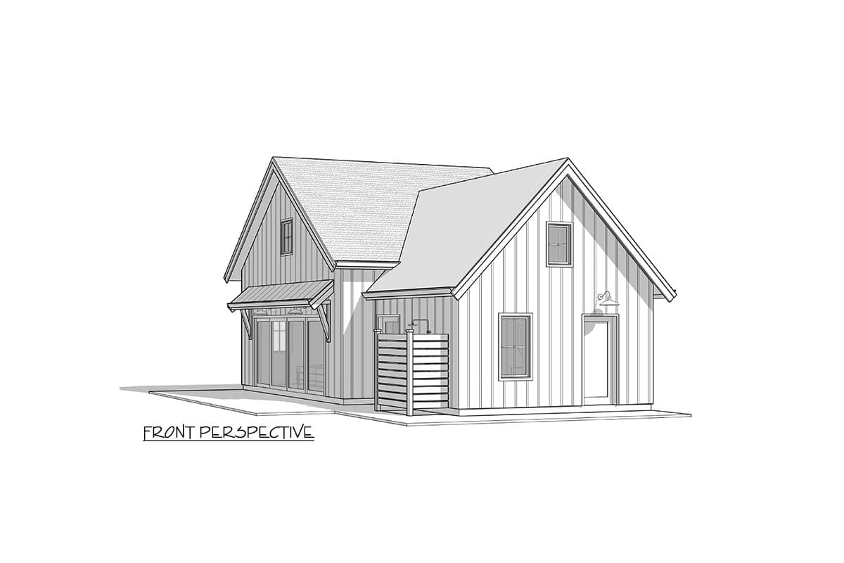 House plan exterior. Two-story Modern Farmhouse style with gabled rooflines, vertical siding, covered entry, and an outdoor shower enclosure.