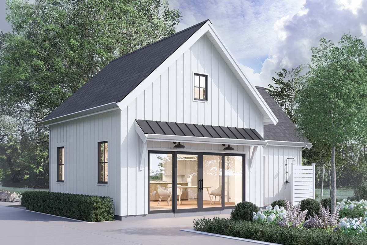 Modern Farmhouse house plan exterior with vertical siding, gable roof, metal awning over sliding glass doors, and an outdoor shower.