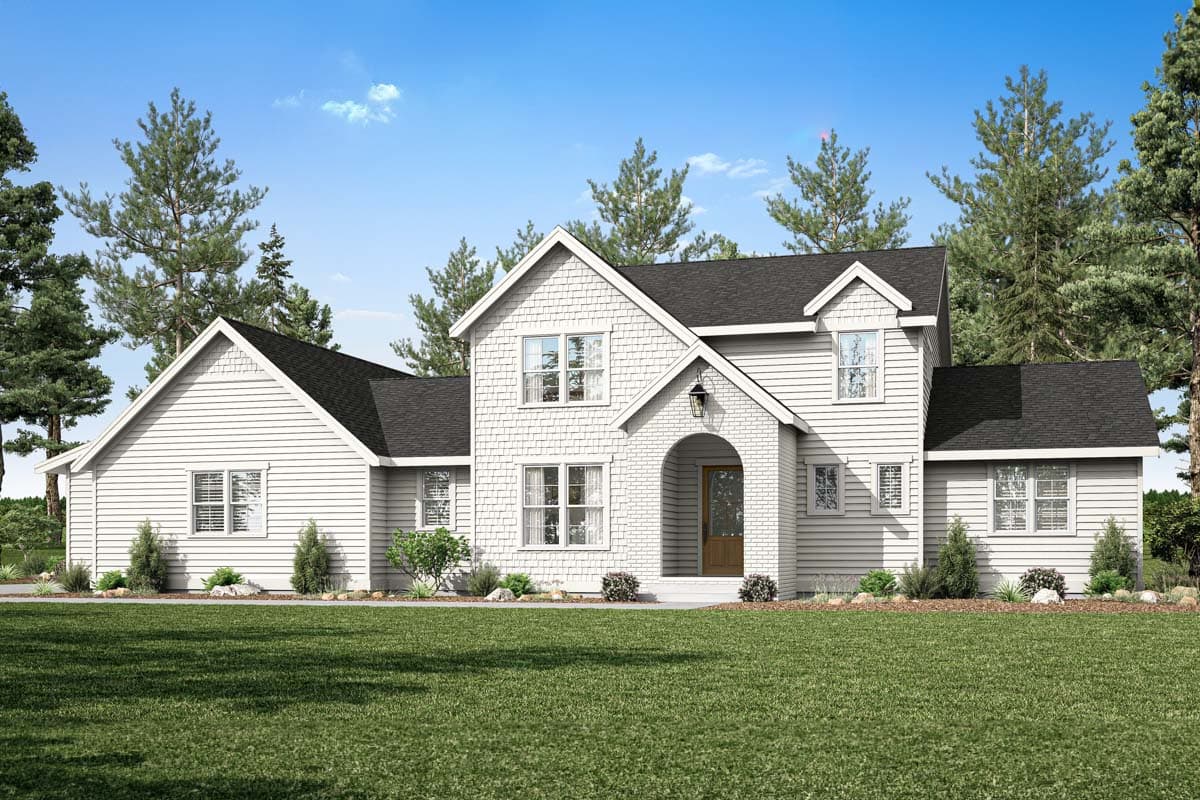 House plan exterior: Two-story modern farmhouse with shingled gable, arched entryway, and board and batten siding.