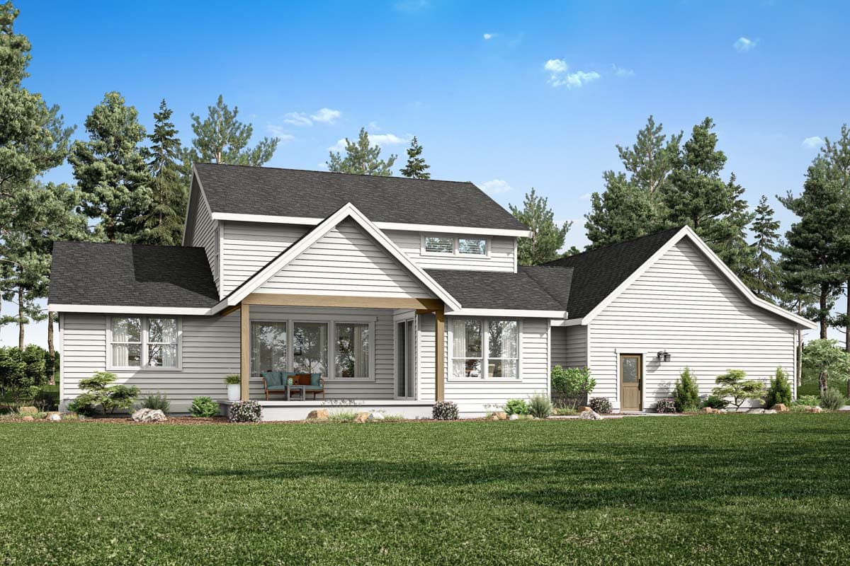 Modern Farmhouse house plan exterior with gabled dormers, covered porch, and side-entry garage.