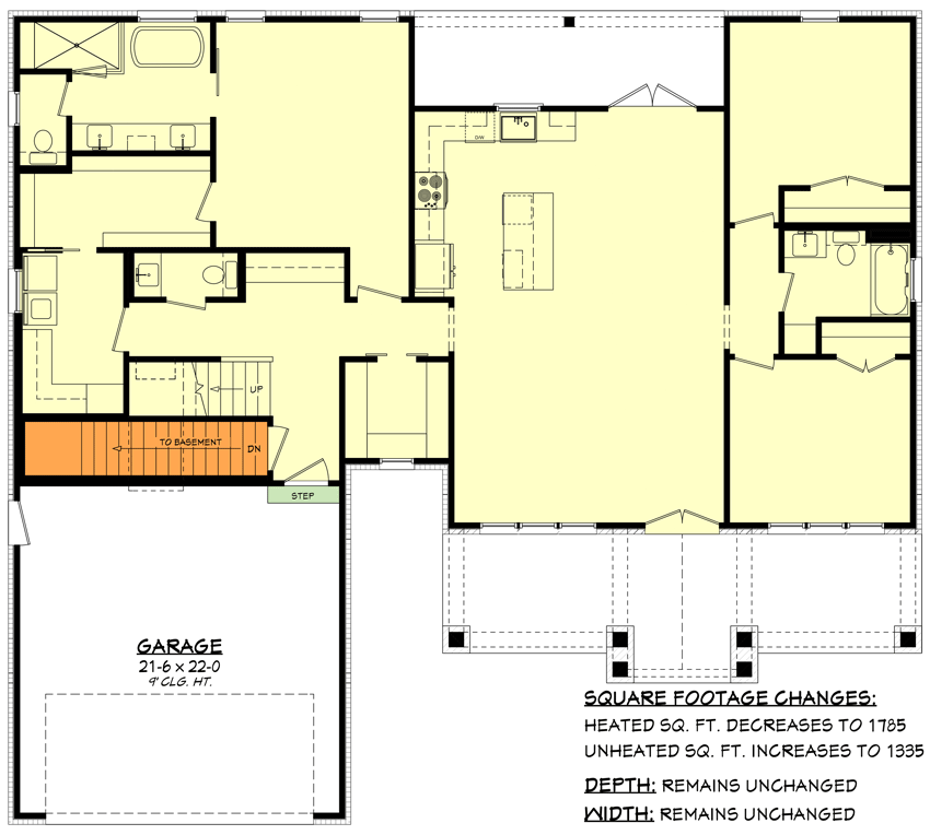 Plan 51965HZ: 3-Bed Modern Farmhouse Starter Home Plan with Optionally Finished Bonus Room - 1793 Sq Ft - Floor Plan - Main Level - Basement Stair Location - Country, Craftsman, Hill Country, Modern Farmhouse, New American, Rustic