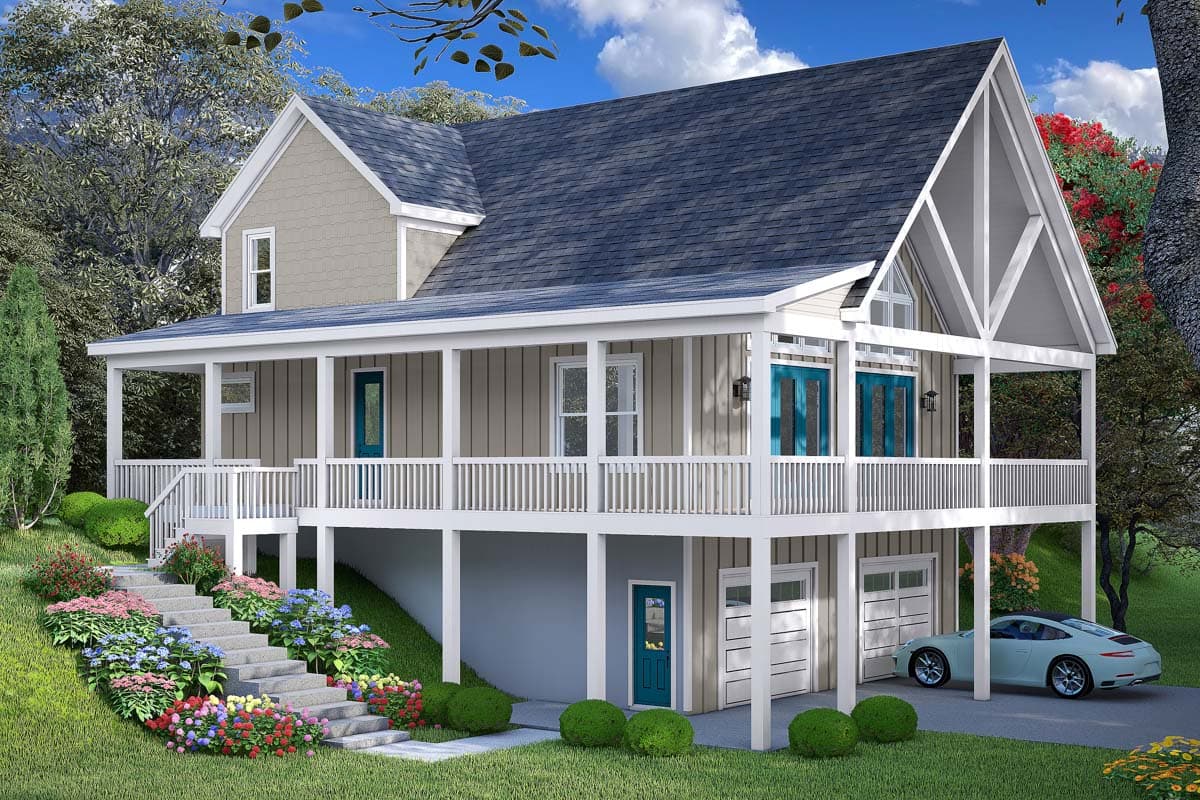 House plan exterior. Two-story with front porch and gable roof. Features include a covered deck, dormer, and garage.