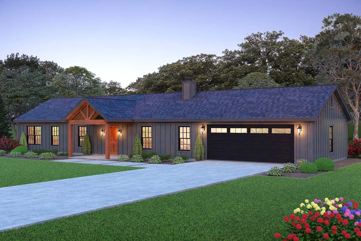 House plan exterior. Modern farmhouse style with gabled roof, timber-framed porch, and attached garage. One-story home with dark siding.