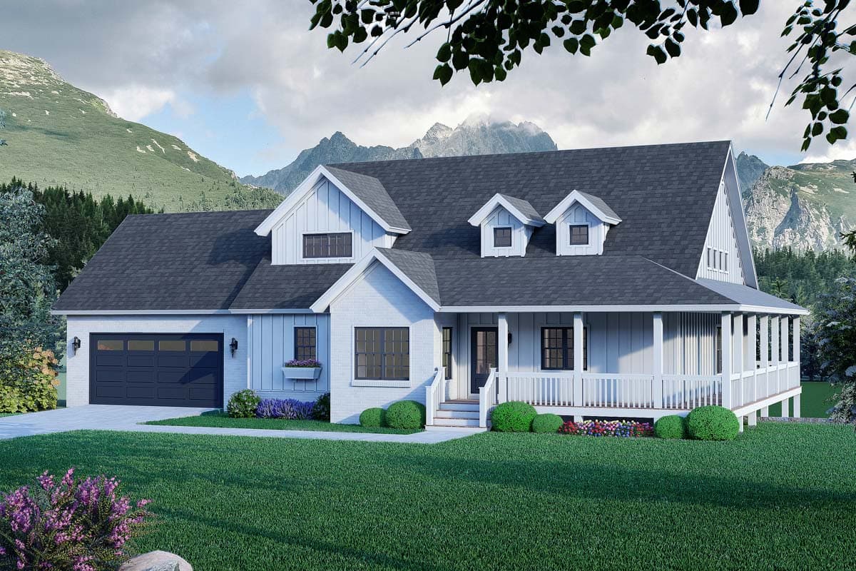 House plan exterior featuring a two-story Modern Farmhouse design. Includes a covered porch, dormers, and a detached garage.