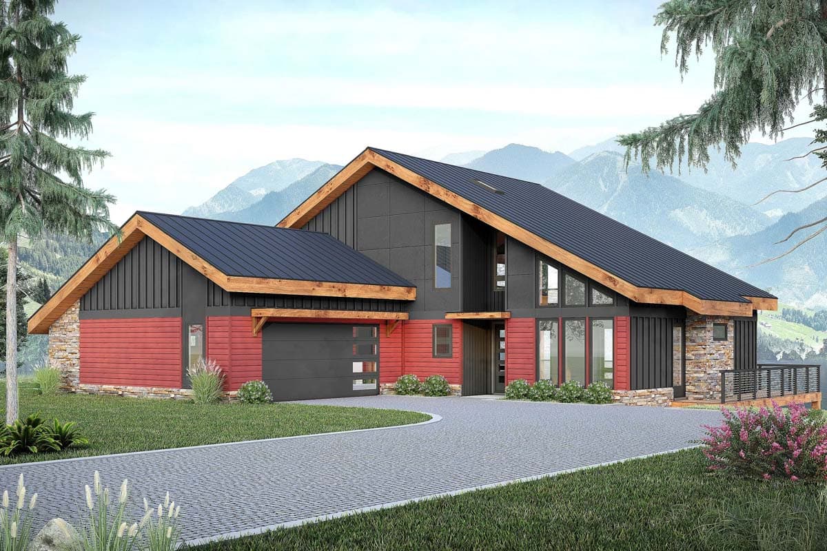 House plan exterior with modern style, two stories, gabled roof, stone accents, and attached garage. Large windows and a covered deck are visible.