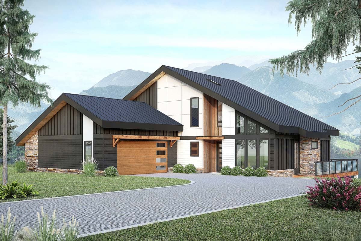 Modern house plan exterior with angled rooflines, stone and dark wood siding, large windows, and wood garage door.