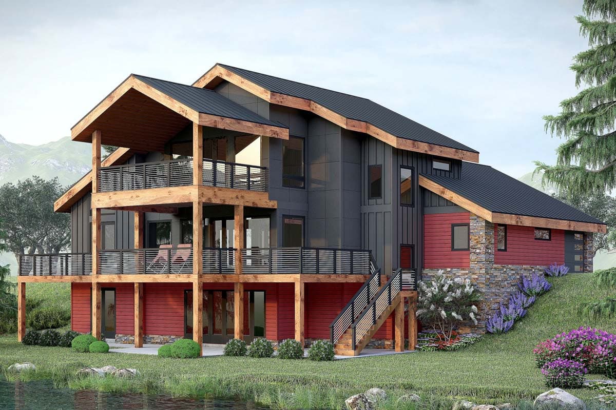 Modern house plan exterior with a multi-level design, wood beams, exposed structural elements, and stone and siding facade.