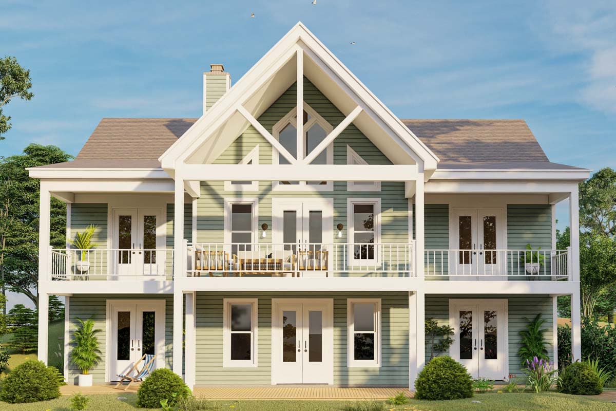 House plan exterior: two-story dwelling with a prominent central gable, full-width balconies on both levels, and vertical siding.