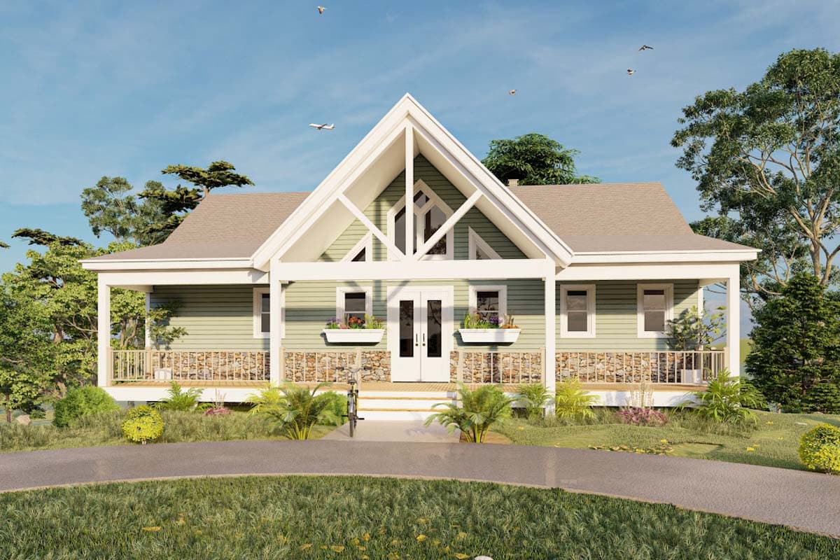 House plan exterior: One-story Modern Farmhouse with wrap-around porch, stone skirting, gabled roof, and prominent A-frame gable.