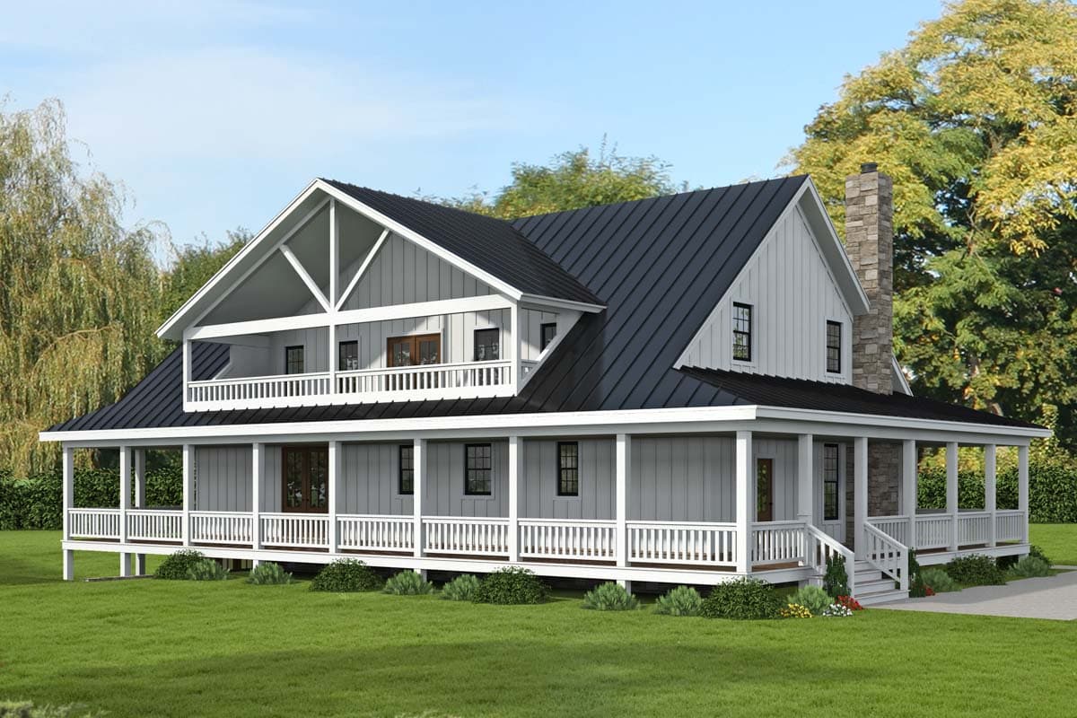 Modern farmhouse house plan exterior with wraparound porch, second-story balcony, gable roof, and stone chimney.
