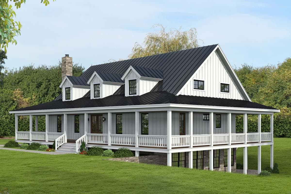 House plan exterior. Modern Farmhouse style with a wrap-around porch, three dormers, and a standing seam metal roof.
