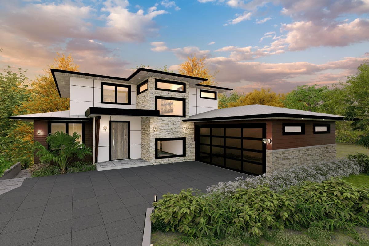 House plan exterior. Two-story modern house with flat and shed rooflines, stone and siding facade, and a glass-paneled garage door.