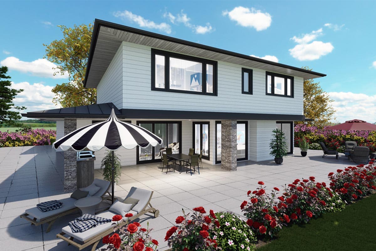 House plan exterior: two-story modern home with white lap siding, prominent gables, large dark-framed windows, and stone pillar accents.