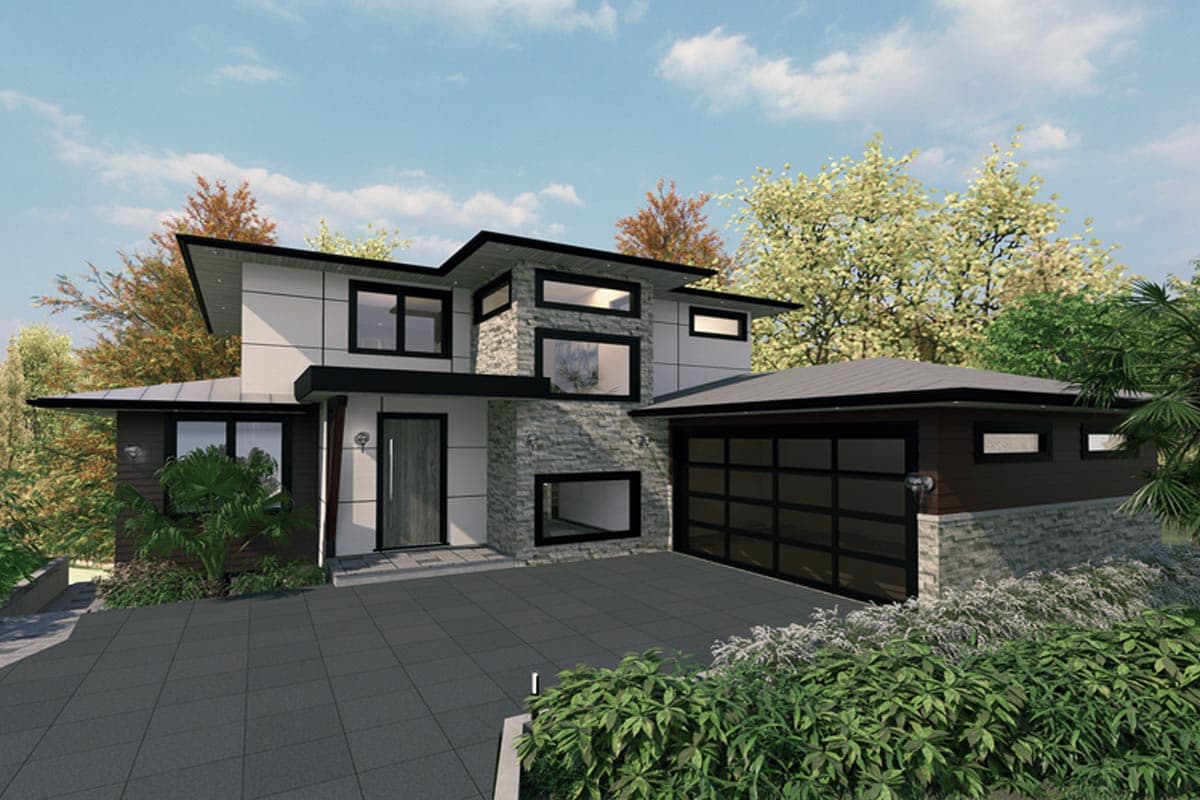Modern two-story house plan exterior with stone accents, cantilevered rooflines, large windows, and attached garage.