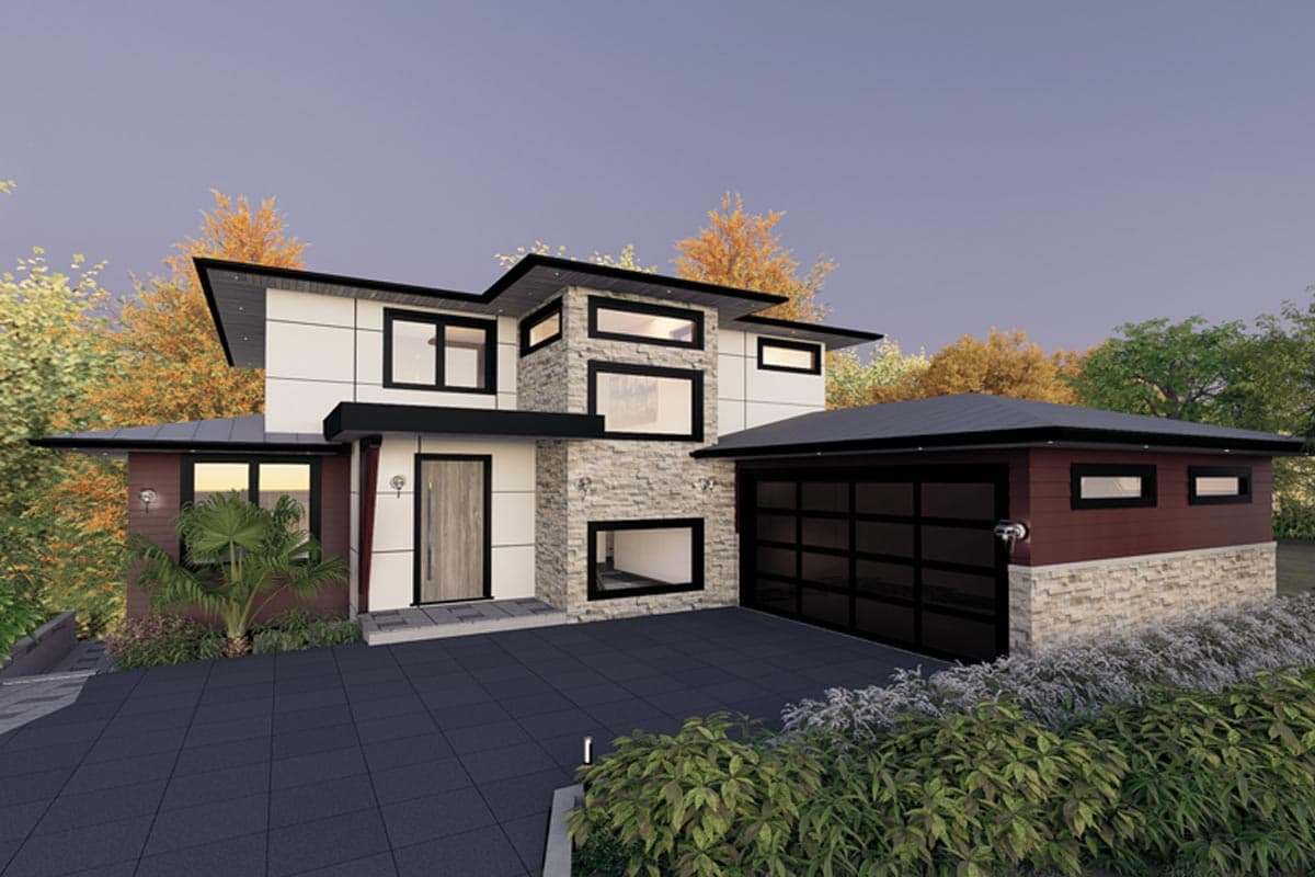 Modern two-story house plan exterior with stone accents, large windows, flat rooflines, and attached two-car garage.