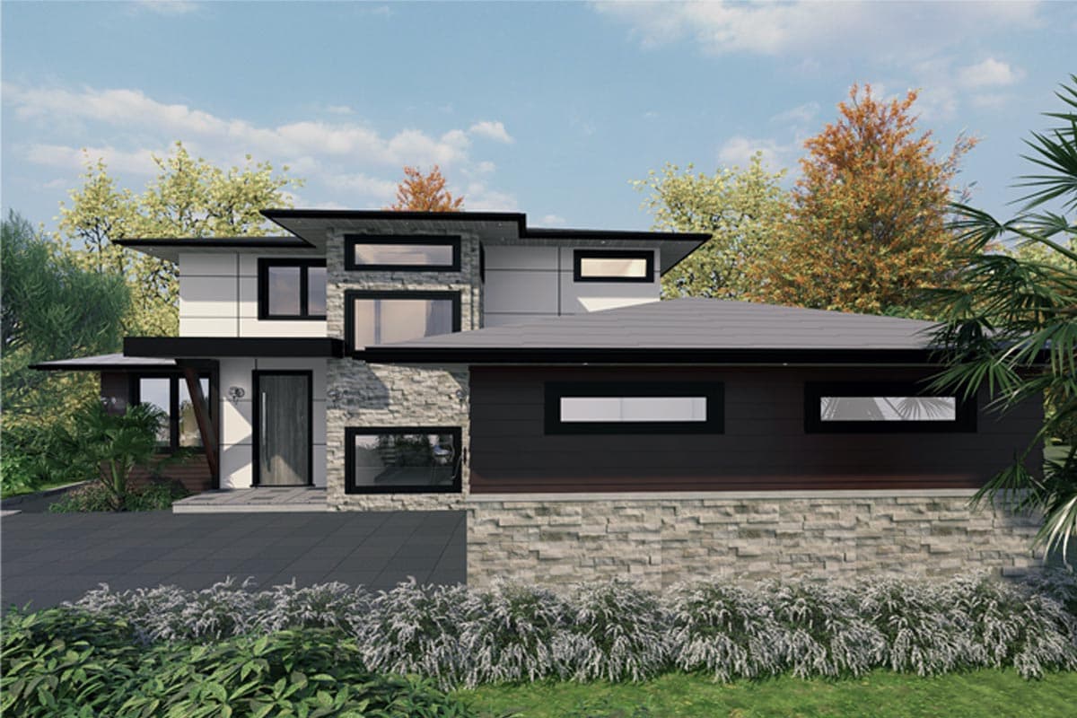Modern house plan exterior with two stories, stone and wood siding, flat rooflines, and horizontal windows.