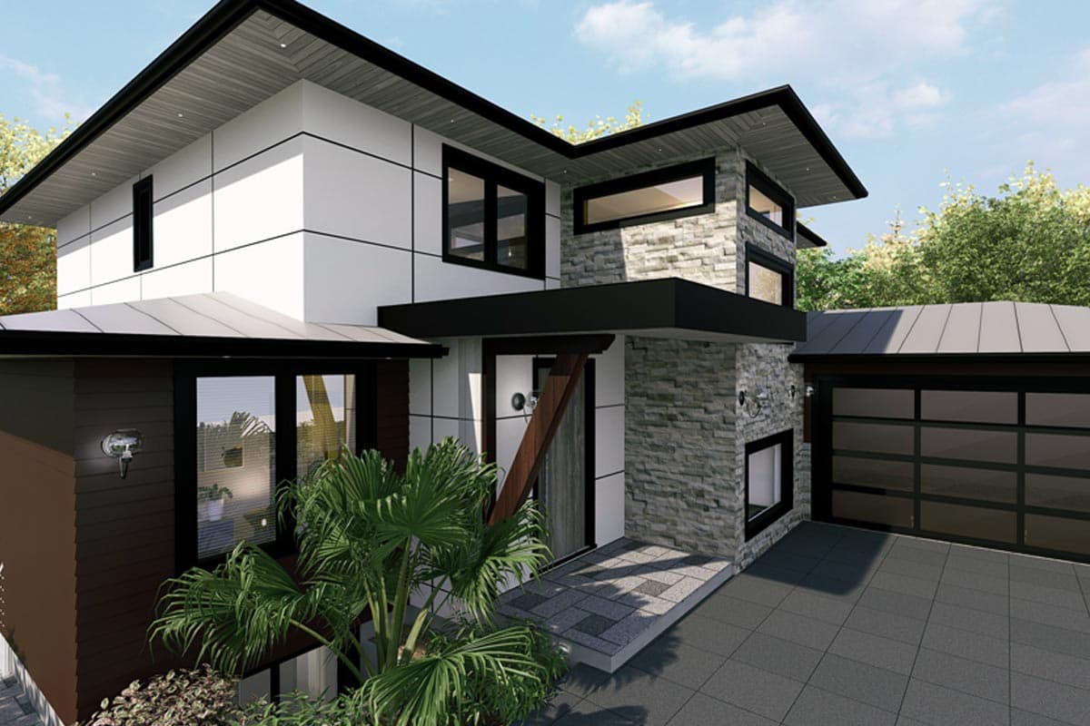 Modern house plan exterior: two stories, white paneling, stone accents, cantilevered overhang, and attached garage.