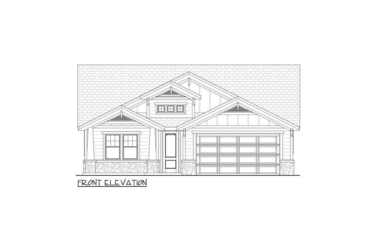 Front elevation drawing of a single-story house plan with a gable roof, dormer, porch, and attached garage.