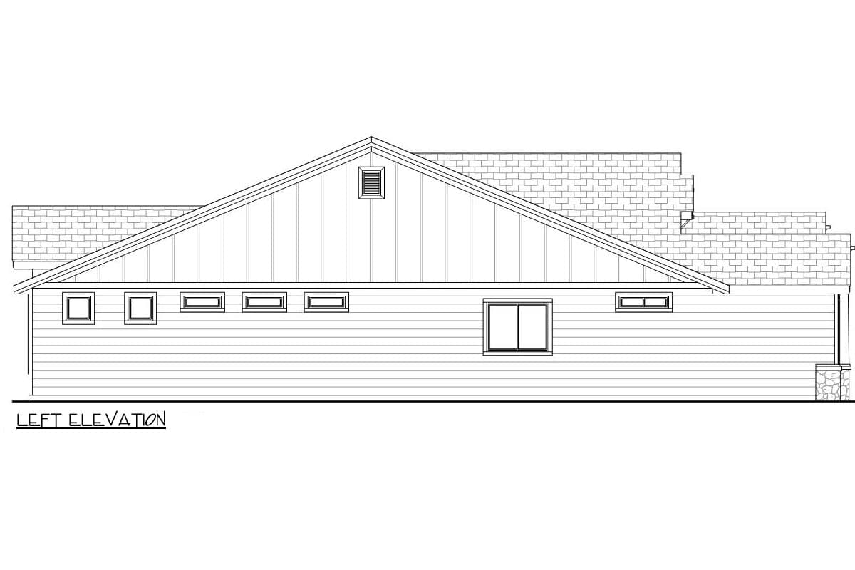 Left elevation of a house plan featuring a prominent gable, varied window styles, and segmented rooflines.