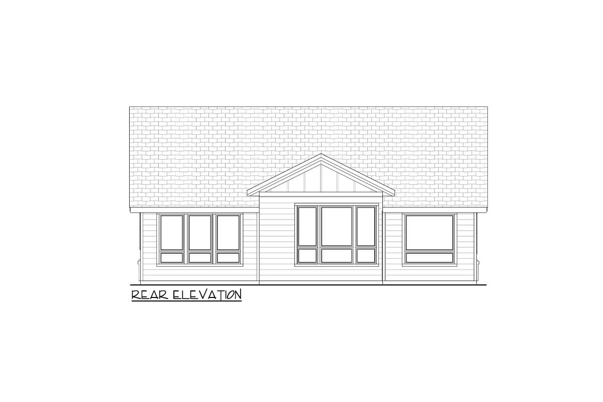 Rear elevation drawing of a house plan featuring a pitched roof, gabled dormer, and multiple large windows.