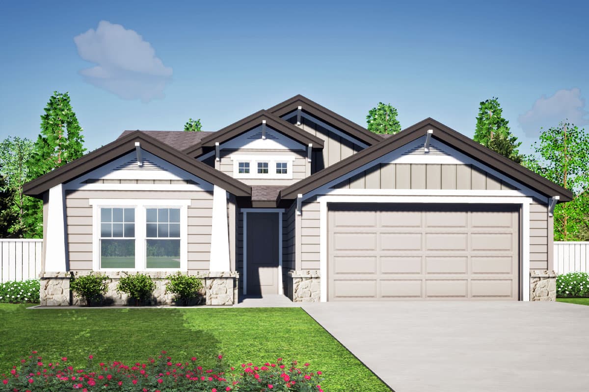 House plan exterior with Craftsman style. Features include multiple gables, a two-car garage, and a covered entry. Single story home.