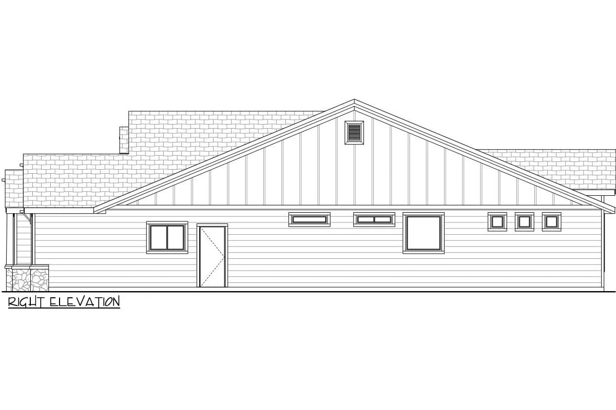 House plan right elevation drawing showing a single-story home with a prominent gable roof, lap siding, and multiple rectangular windows.