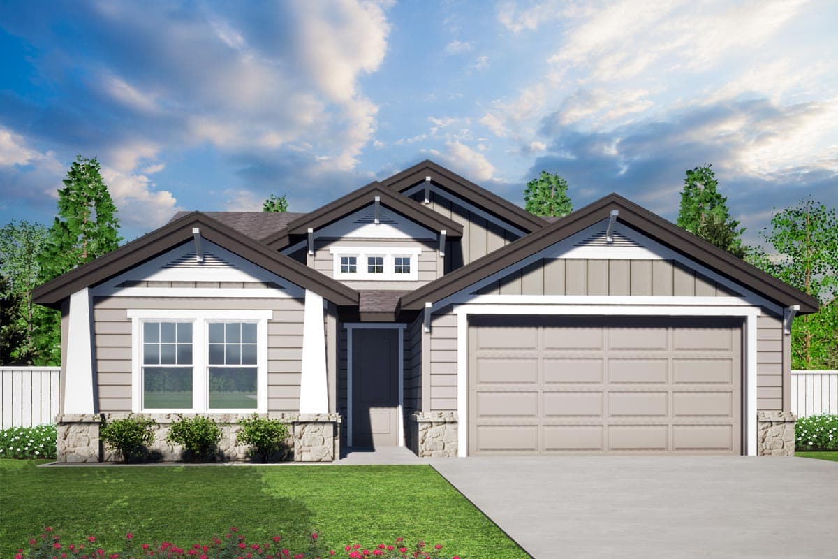 House plan exterior. Craftsman style, single-story home with multiple gables, a garage, and an entry porch with stone detail.