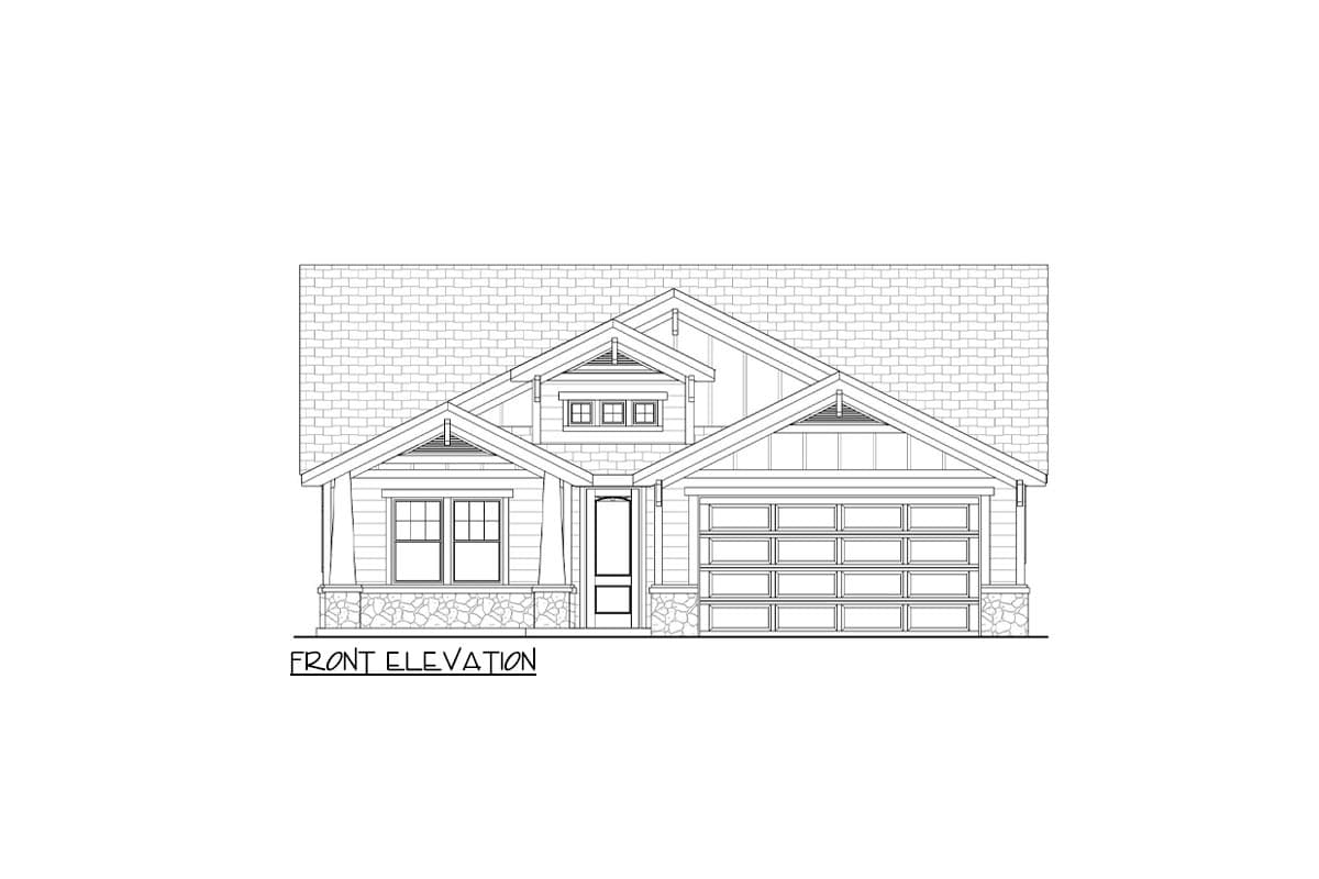 Front elevation drawing of a house with gables, dormer, stone accents, and a two-car garage.