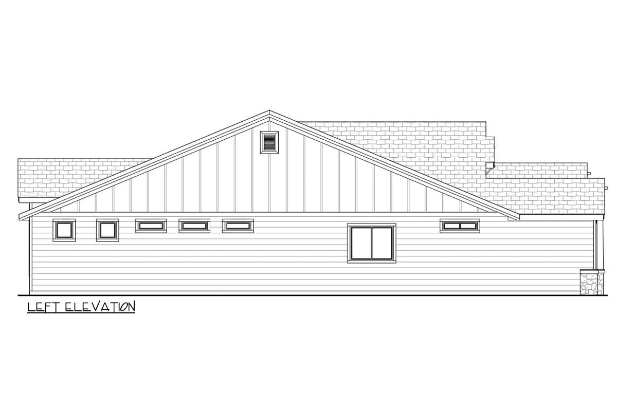 Left elevation house plan drawing showing a single-story structure with a sloped roofline, horizontal siding, and multiple windows.