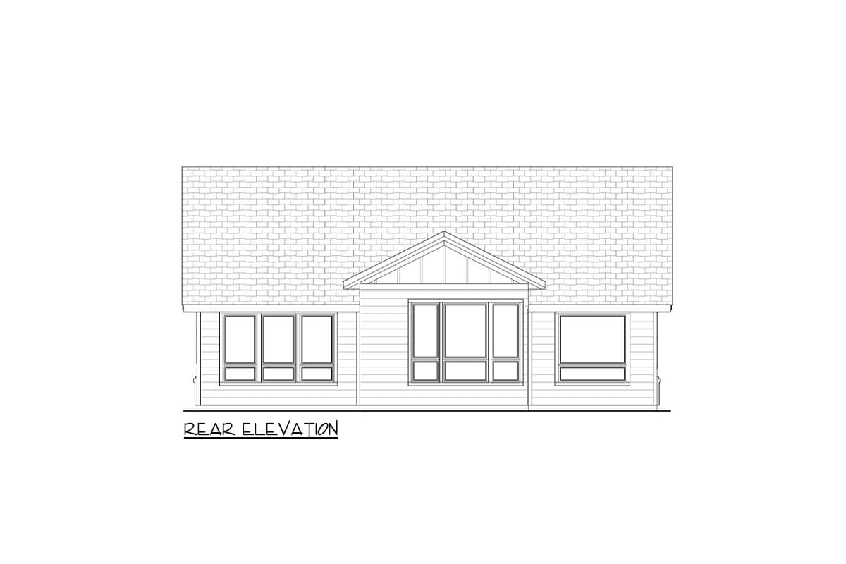 Rear elevation drawing of a house plan showing horizontal siding, a pitched roof, and multiple windows.