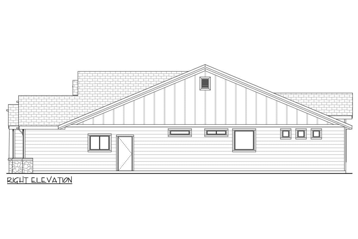 Right elevation drawing of a house plan featuring horizontal siding, a prominent gable, and multiple window styles.