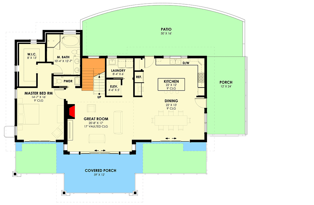 Plan 640009SRA: 4-Bed Mountain Home Plan with Spacious Outdoor Living for Front-Sloping Lot - 3458 Sq Ft - Floor Plan - Main Level - Craftsman, Mid Century Modern, Modern, Mountain, Rustic
